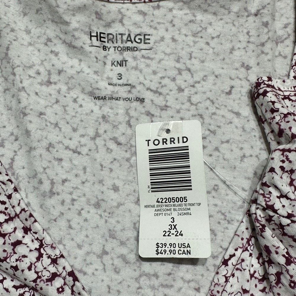 Torrid Heritage Jersey V-Neck Tie Front Top Blossom Floral 100% Cotton 3X NEW - Picture 6 of 9
